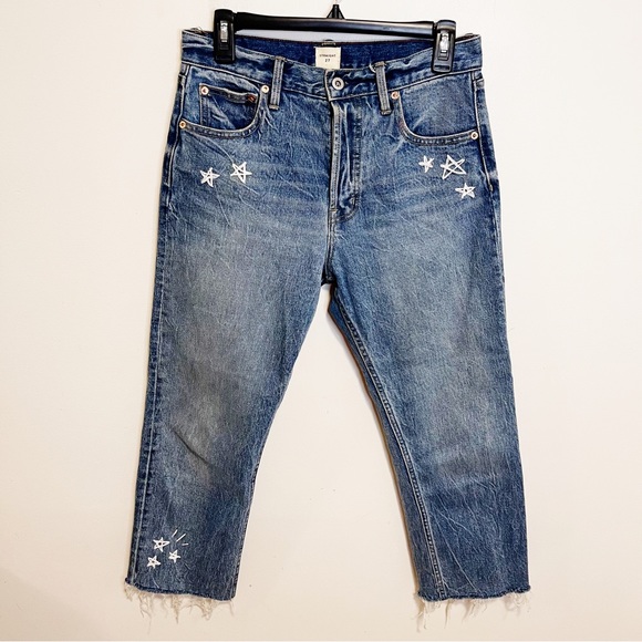 GAP Denim - Gap Cone Denim Embroidered Raw Hem Cut Off Cropped Straight Jeans